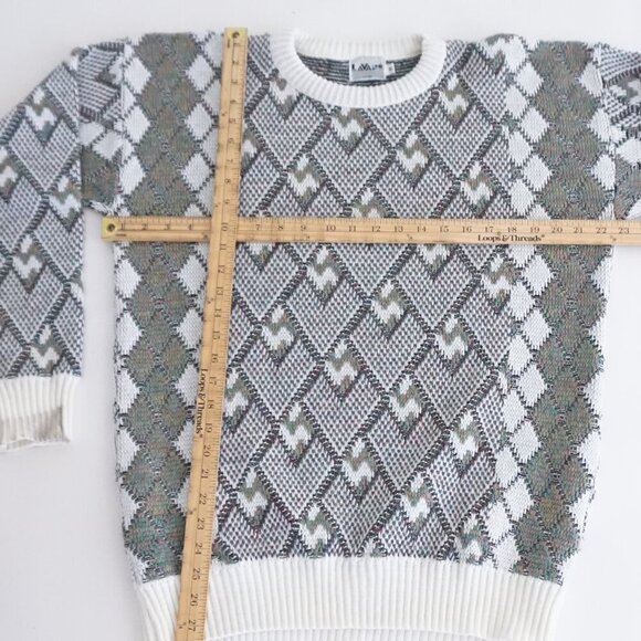 '80s Lavane White Teal 3D Argyle Biggie Cosby Eclectic Knit Crew Neck Sweater M - Picture 3 of 9